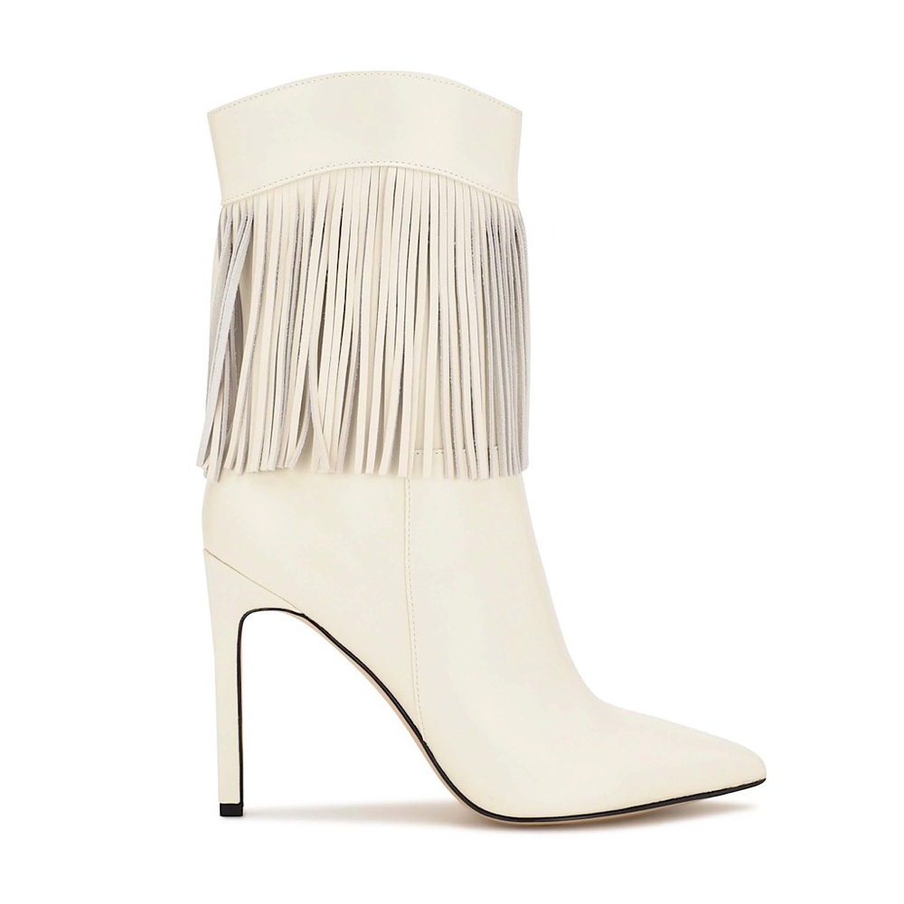 NWT Nine West Western Fringe Cream/White Heeled Boots